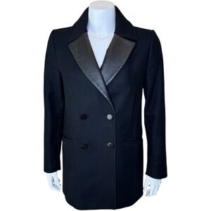 The Kooples Double Breasted Peacoat 38 Wool Cashmere Leather Lapel Black